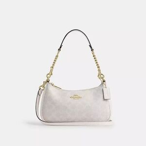 New! Coach Teri Shoulder Bag in Signature Canvas In Gold/Chalk/White 🤍